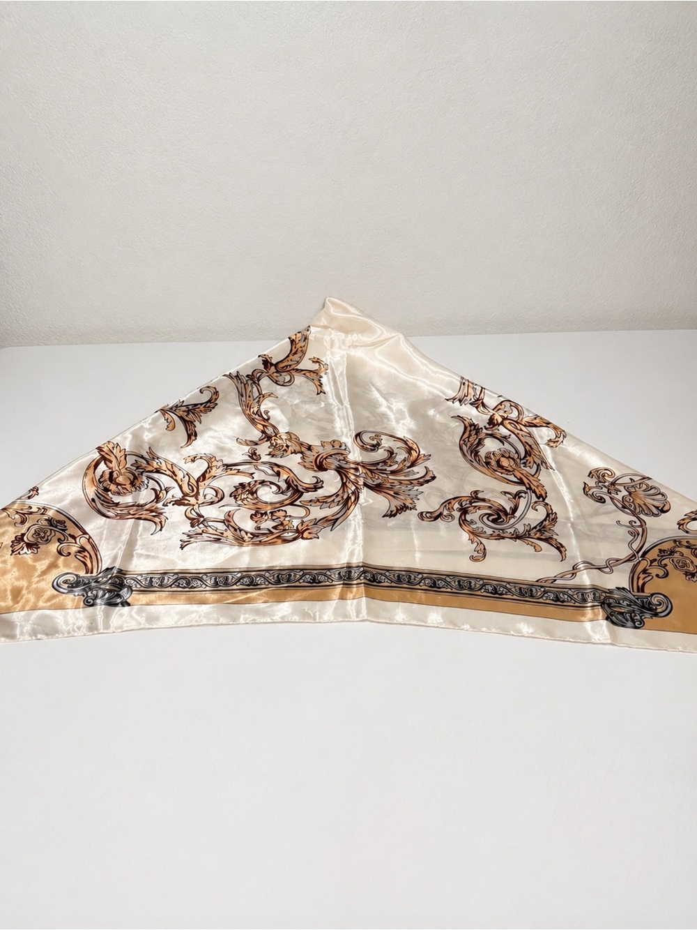 Cream & Gold Baroque Satin-Look Square Head Scarf Bandana 35” x 35” - Picture 2 of 3